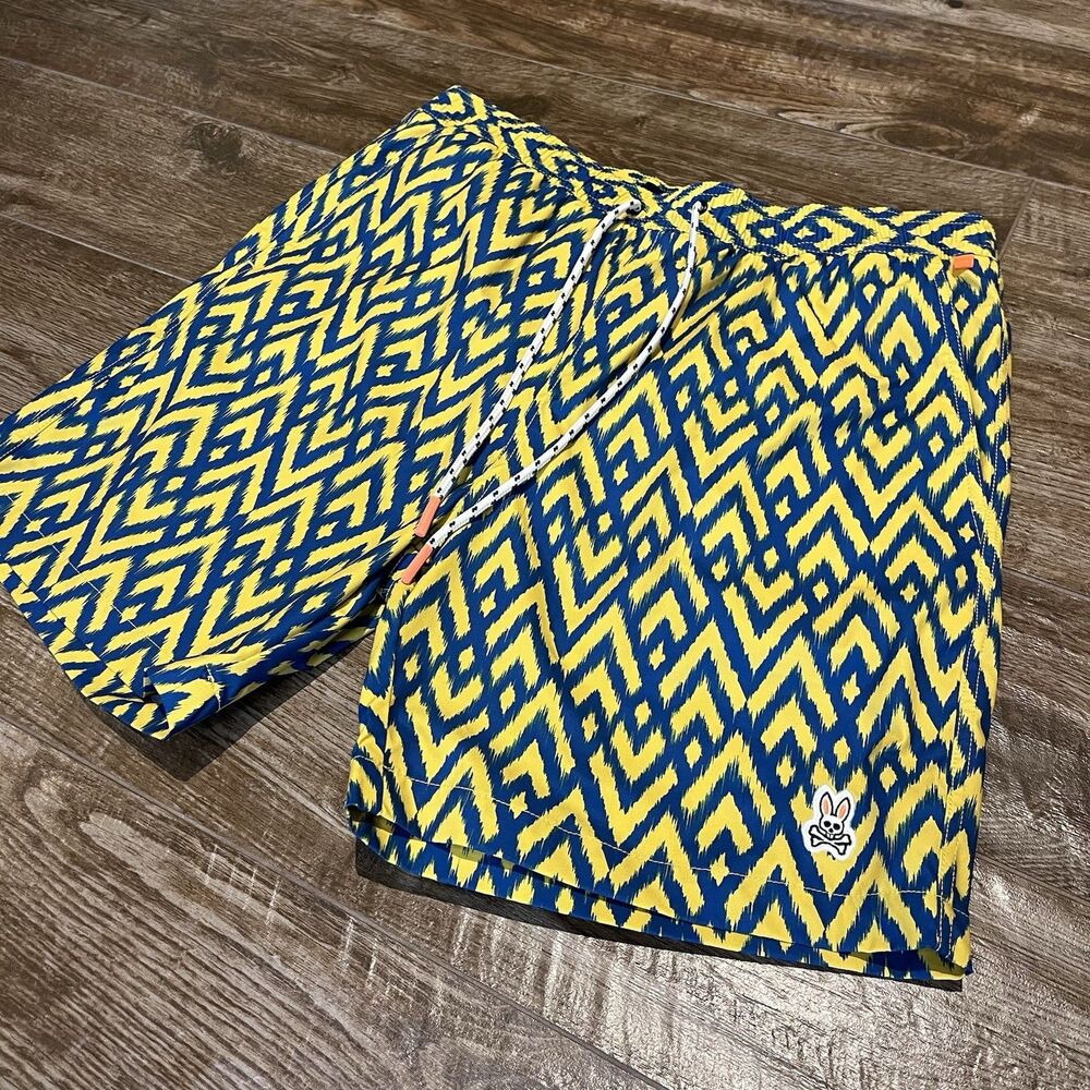 Psycho Bunny Swim Trunks Mens L Yellow Abstract Geometric Mesh-Lined 6" Inseam